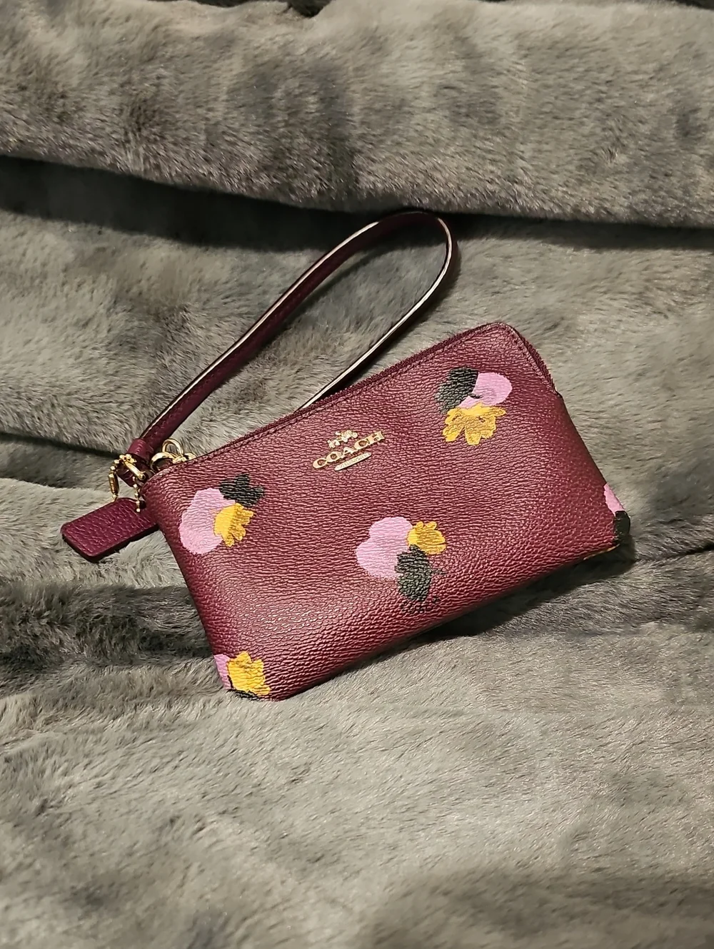 Coach Maroon Floral Wristlet with Pink & Yellow Accents